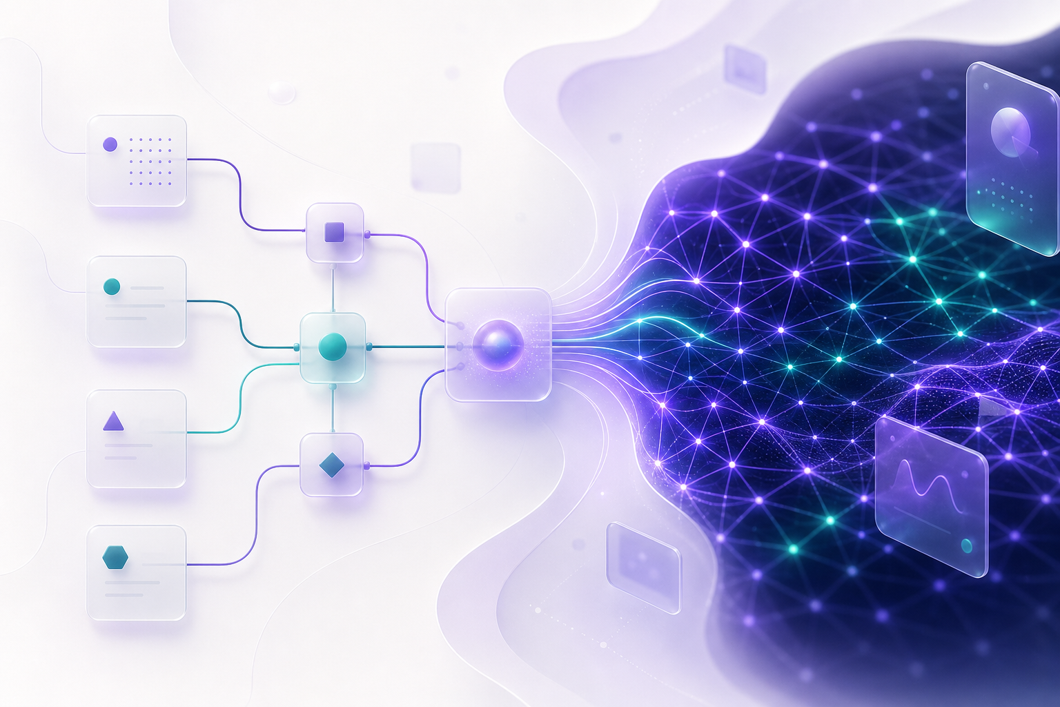 Abstract AI workflow illustration with nodes, review panels, and soft violet light