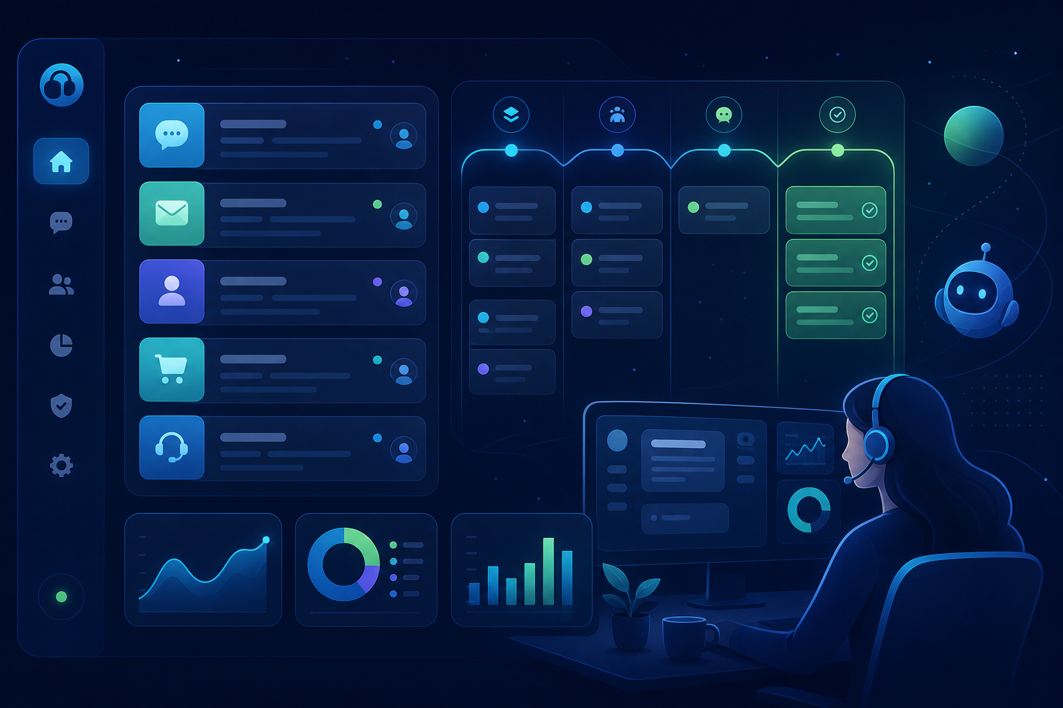 Abstract support operations dashboard with queues and calm service lighting