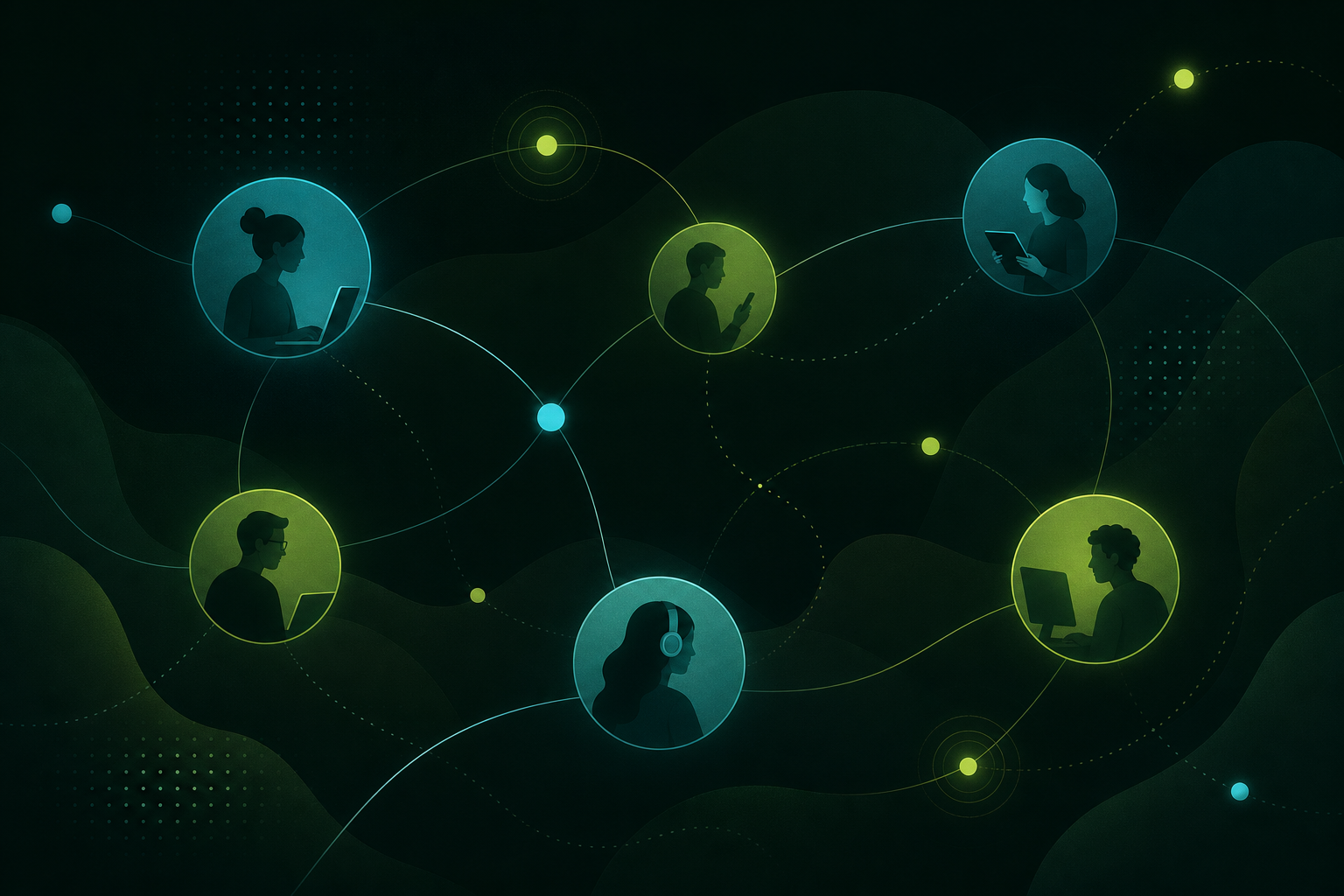 Editorial illustration of distributed team coordination, nodes, and calm dashboards