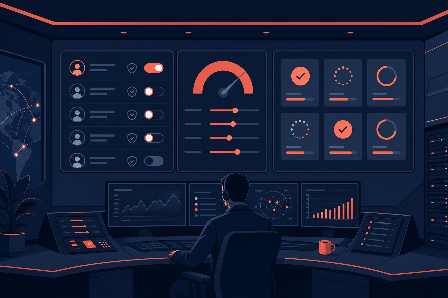 Abstract dashboard cover showing admin controls, access settings, and rollout status cards
