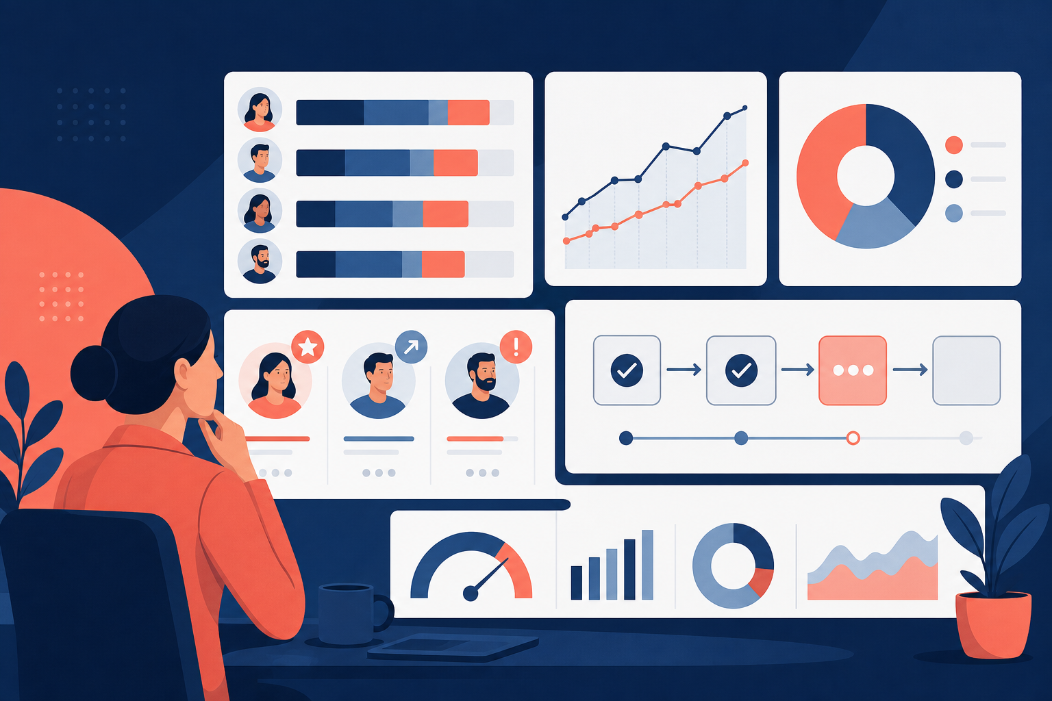 Management dashboard cover with team adoption metrics, coaching signals, and workflow charts