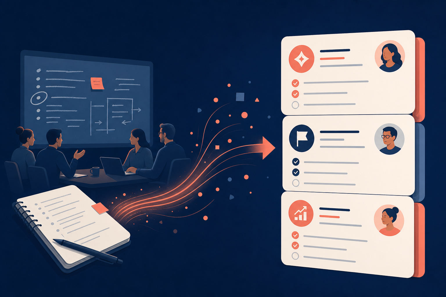 Meeting memory cover with decision highlights, owner markers, and transcript-to-action flow