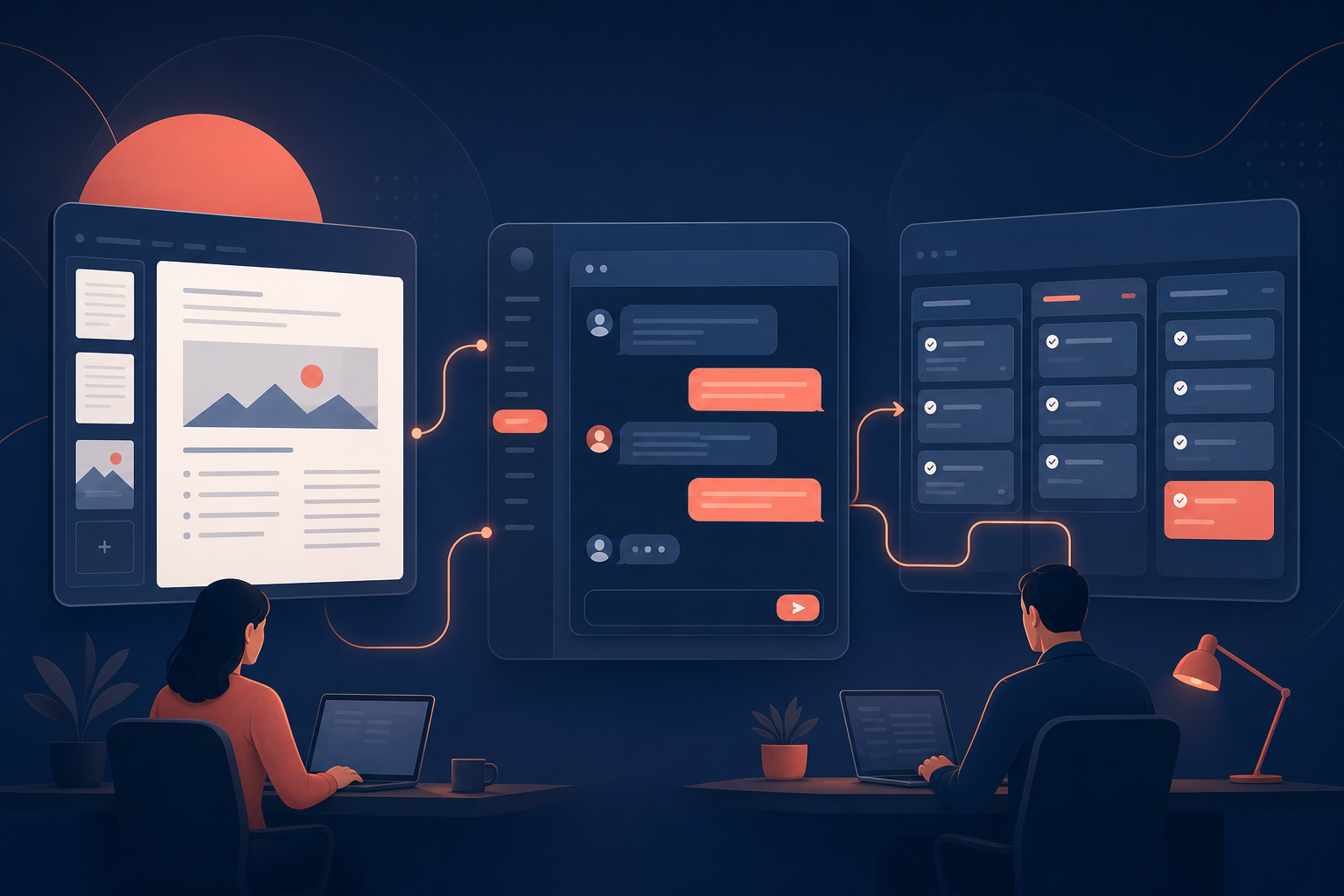 Collaborative workspace cover with linked docs, tasks, and review status panels