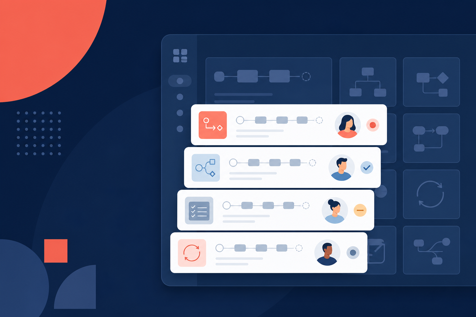 Template library cover with reusable workflow cards, owners, and review states