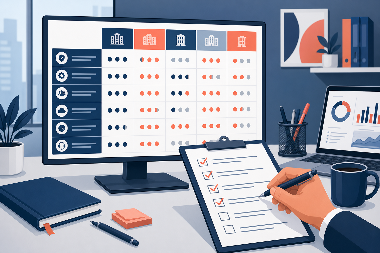 Comparison cover with vendor scorecards, weighted criteria, and selection notes