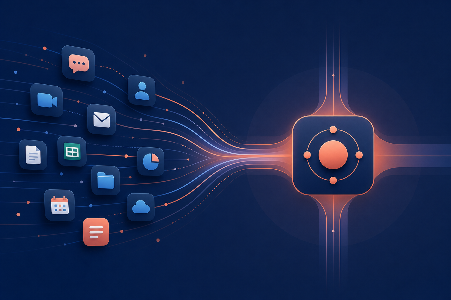 Workspace consolidation cover with connected tools, context flow, and selective migration cards